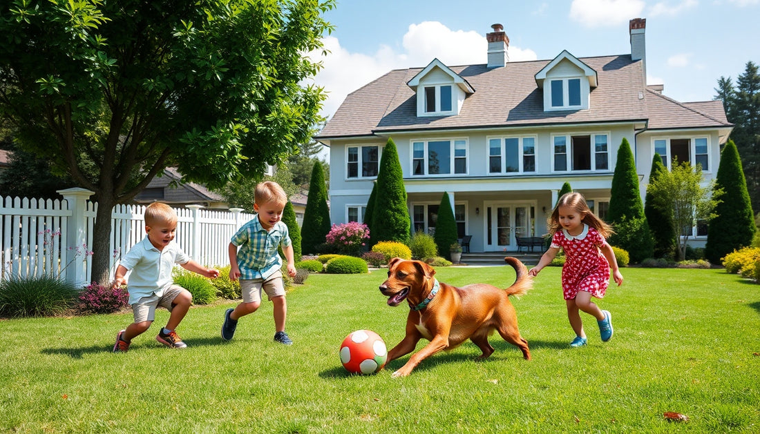 Children playing on beautiful yard with the family dog